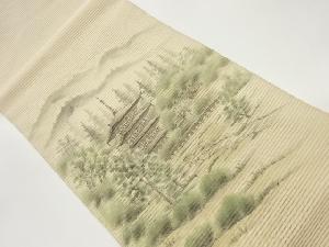 作家物　絽綴れ手描き遠山に寺院・木々模様名古屋帯